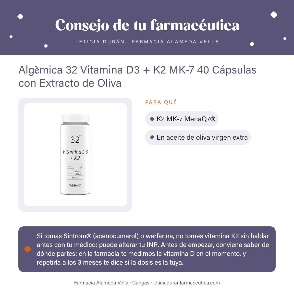 Algèmica 32 Vitamina D3 + K2 MK-7 40 Cápsulas con Extracto de Oliva – consejo de tu farmacéutica