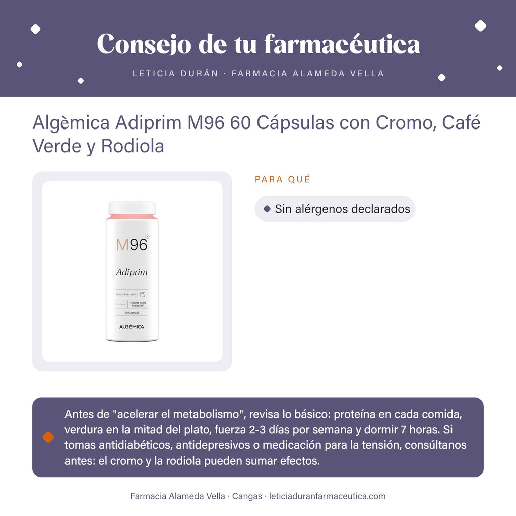 Algèmica Adiprim M96 60 Cápsulas con Cromo, Café Verde y Rodiola – consejo de tu farmacéutica