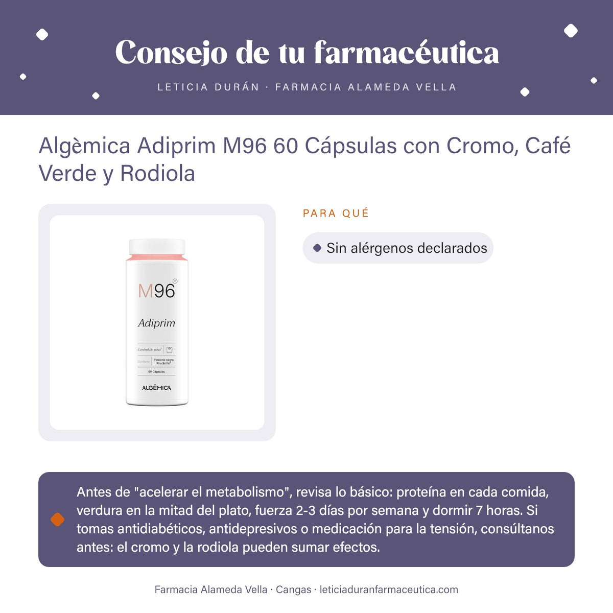Algèmica Adiprim M96 60 Cápsulas con Cromo, Café Verde y Rodiola – consejo de tu farmacéutica