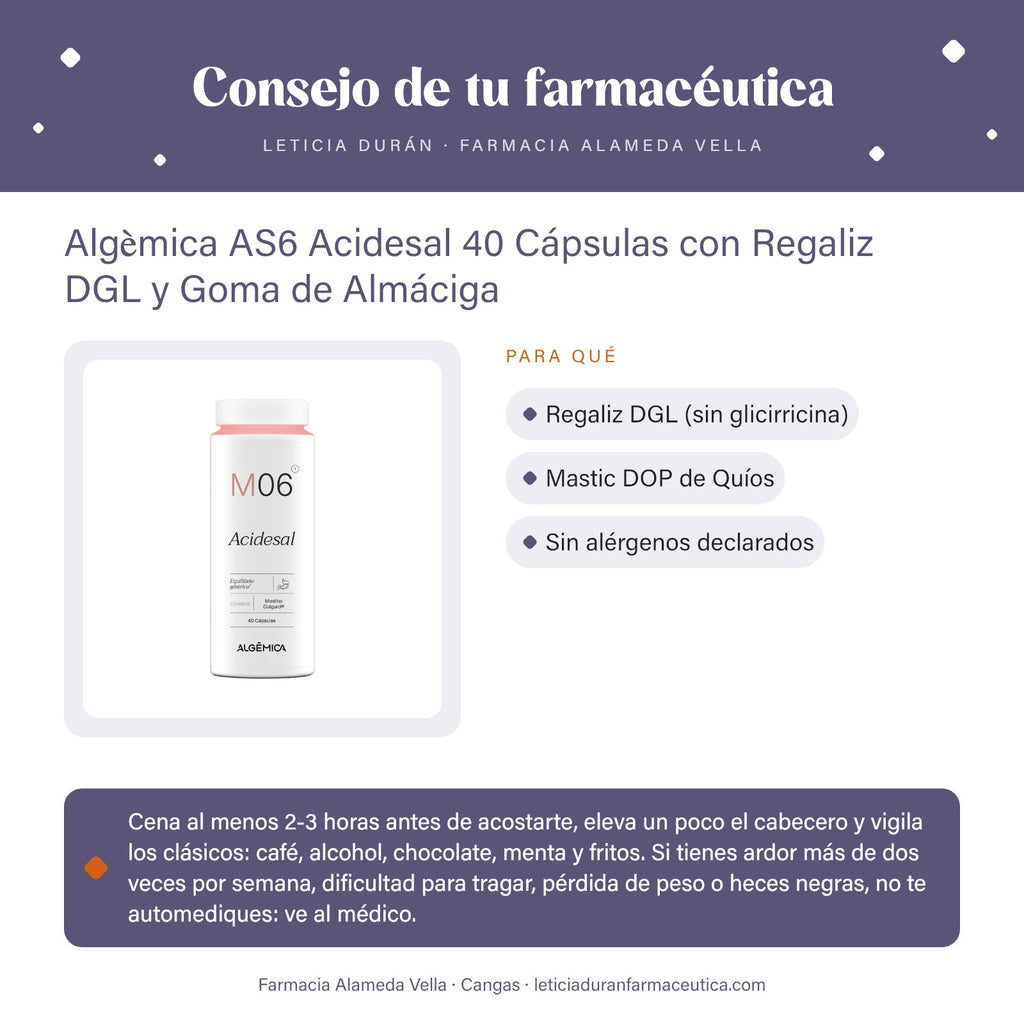 Algèmica AS6 Acidesal 40 Cápsulas con Regaliz DGL y Goma de Almáciga – consejo de tu farmacéutica