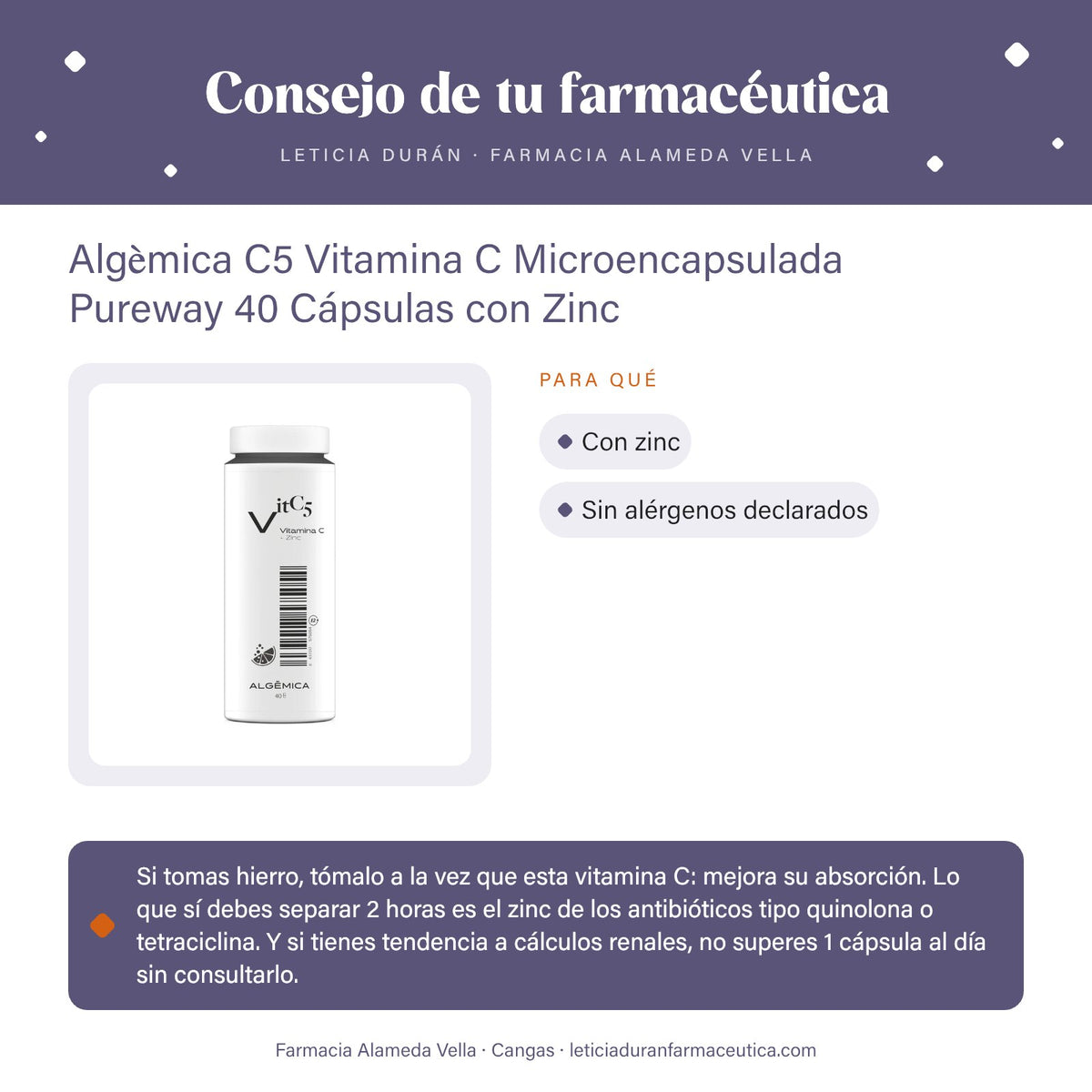 Algèmica C5 Vitamina C Microencapsulada Pureway 40 Cápsulas con Zinc – consejo de tu farmacéutica
