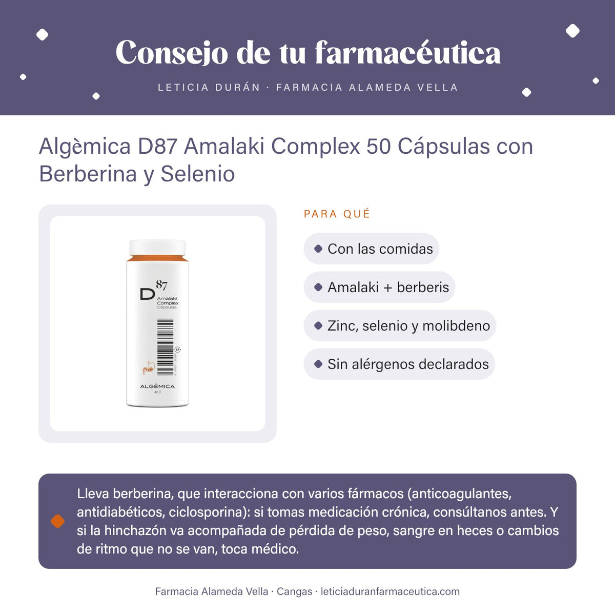 Algèmica D87 Amalaki Complex 50 Cápsulas con Berberina y Selenio – consejo de tu farmacéutica