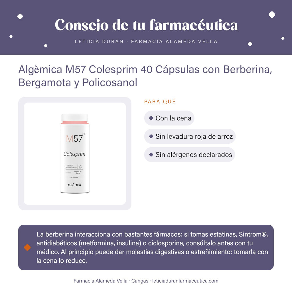 Algèmica M57 Colesprim 40 Cápsulas con Berberina, Bergamota y Policosanol – consejo de tu farmacéutica