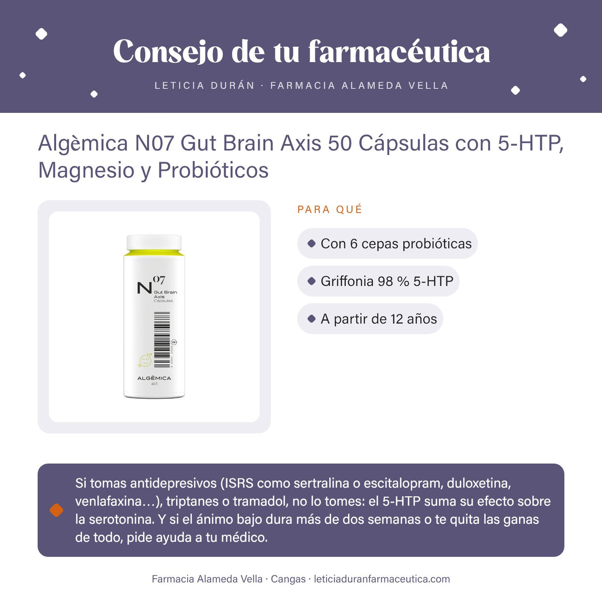 Algèmica N07 Gut Brain Axis 50 Cápsulas con 5-HTP, Magnesio y Probióticos – consejo de tu farmacéutica