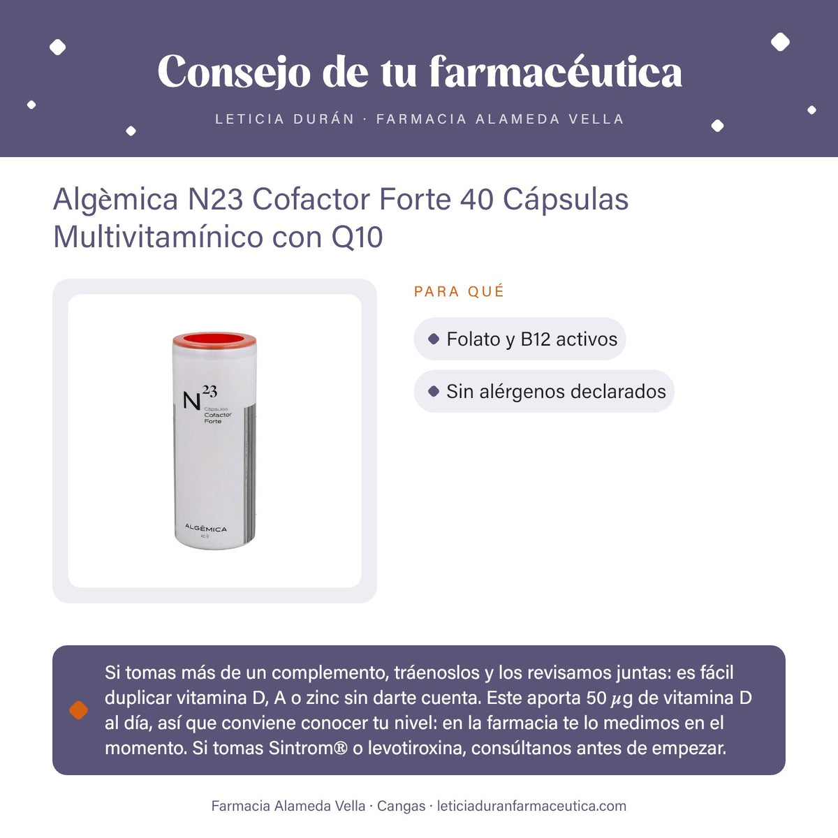 Algèmica N23 Cofactor Forte 40 Cápsulas Multivitamínico con Q10 – consejo de tu farmacéutica