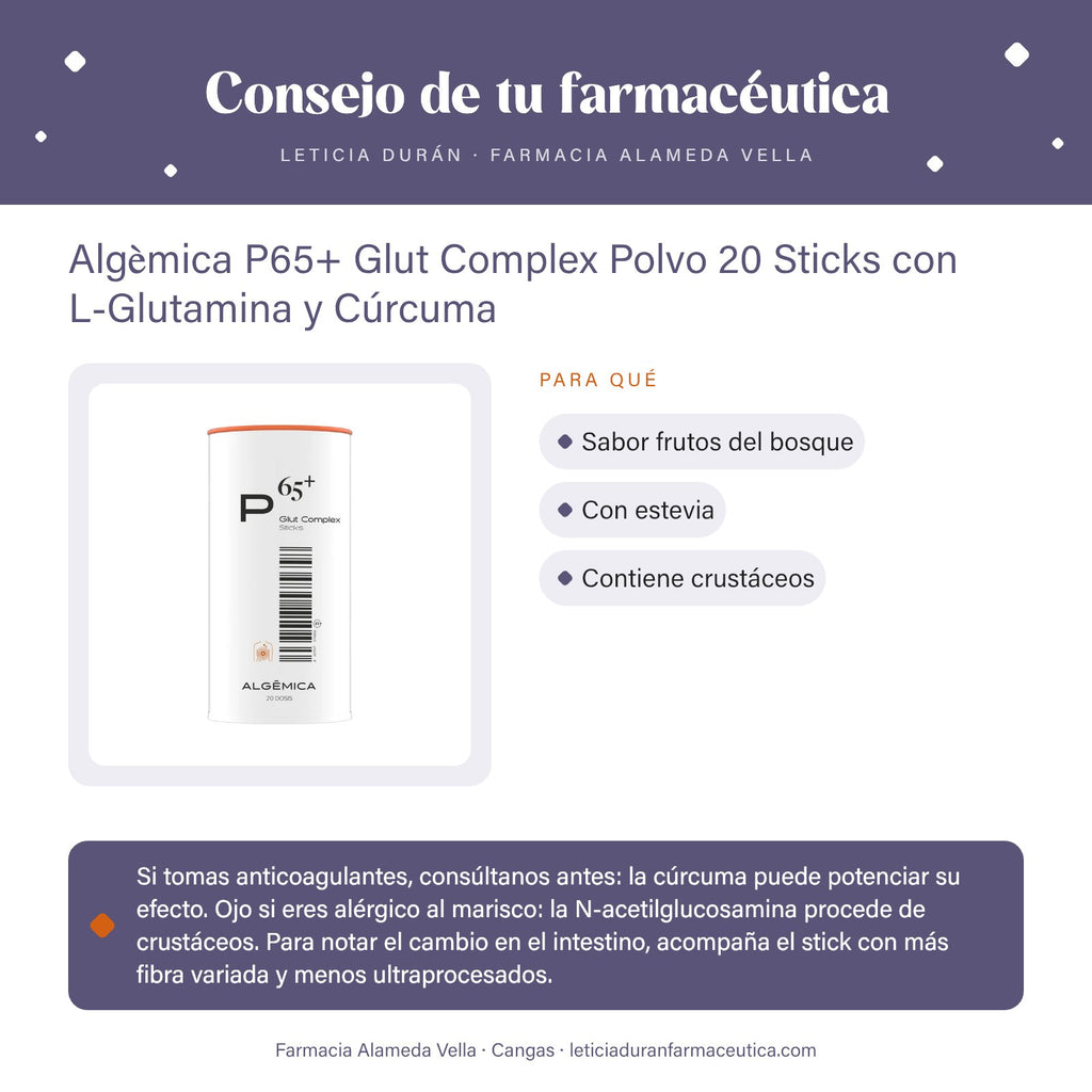 Algèmica P65+ Glut Complex Polvo 20 Sticks con L-Glutamina y Cúrcuma – consejo de tu farmacéutica