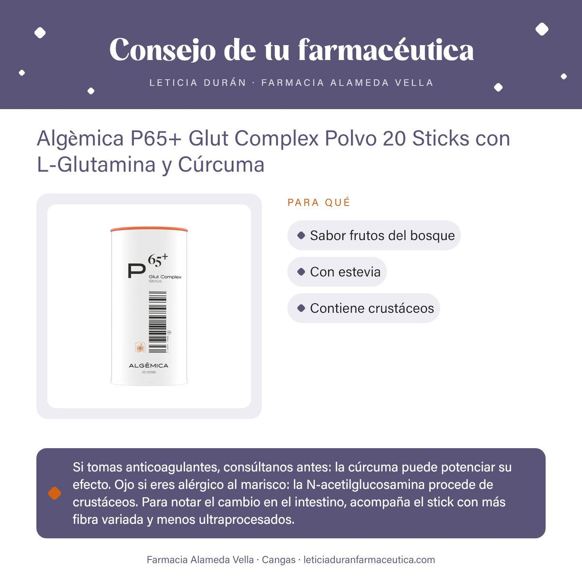 Algèmica P65+ Glut Complex Polvo 20 Sticks con L-Glutamina y Cúrcuma – consejo de tu farmacéutica