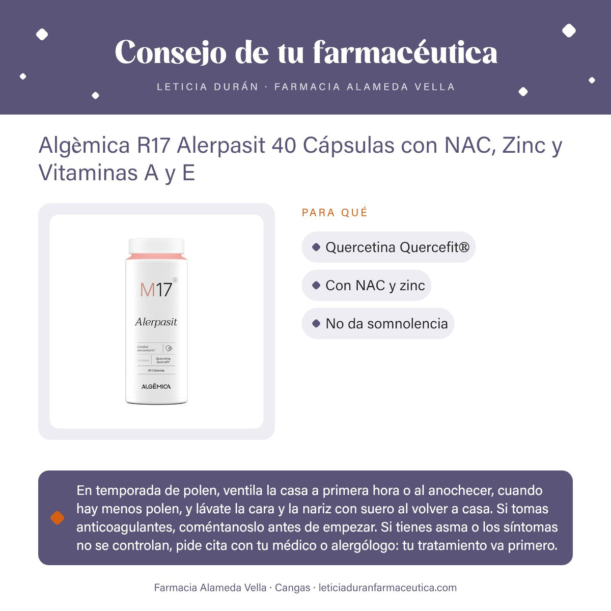 Algèmica R17 Alerpasit 40 Cápsulas con NAC, Zinc y Vitaminas A y E – consejo de tu farmacéutica