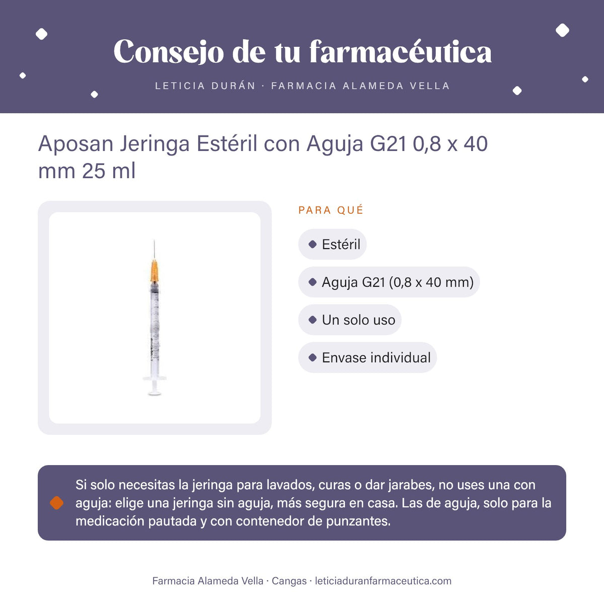 Aposan Jeringa Estéril con Aguja G21 0,8 x 40 mm 25 ml – consejo de tu farmacéutica