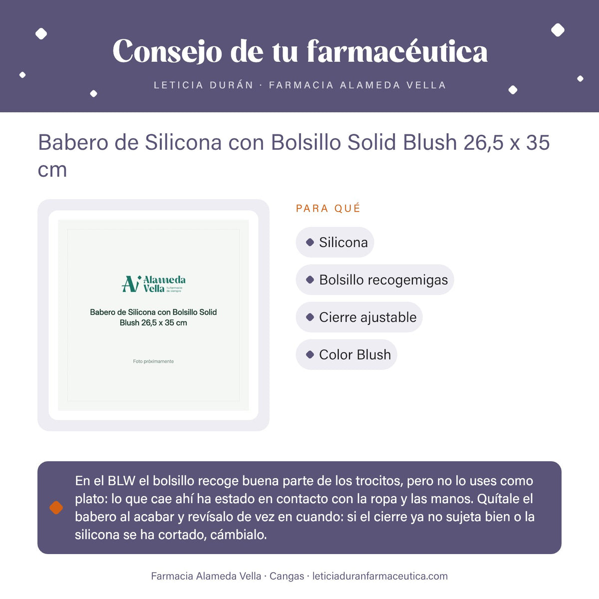 Babero de Silicona con Bolsillo Solid Blush 26,5 x 35 cm – consejo de tu farmacéutica
