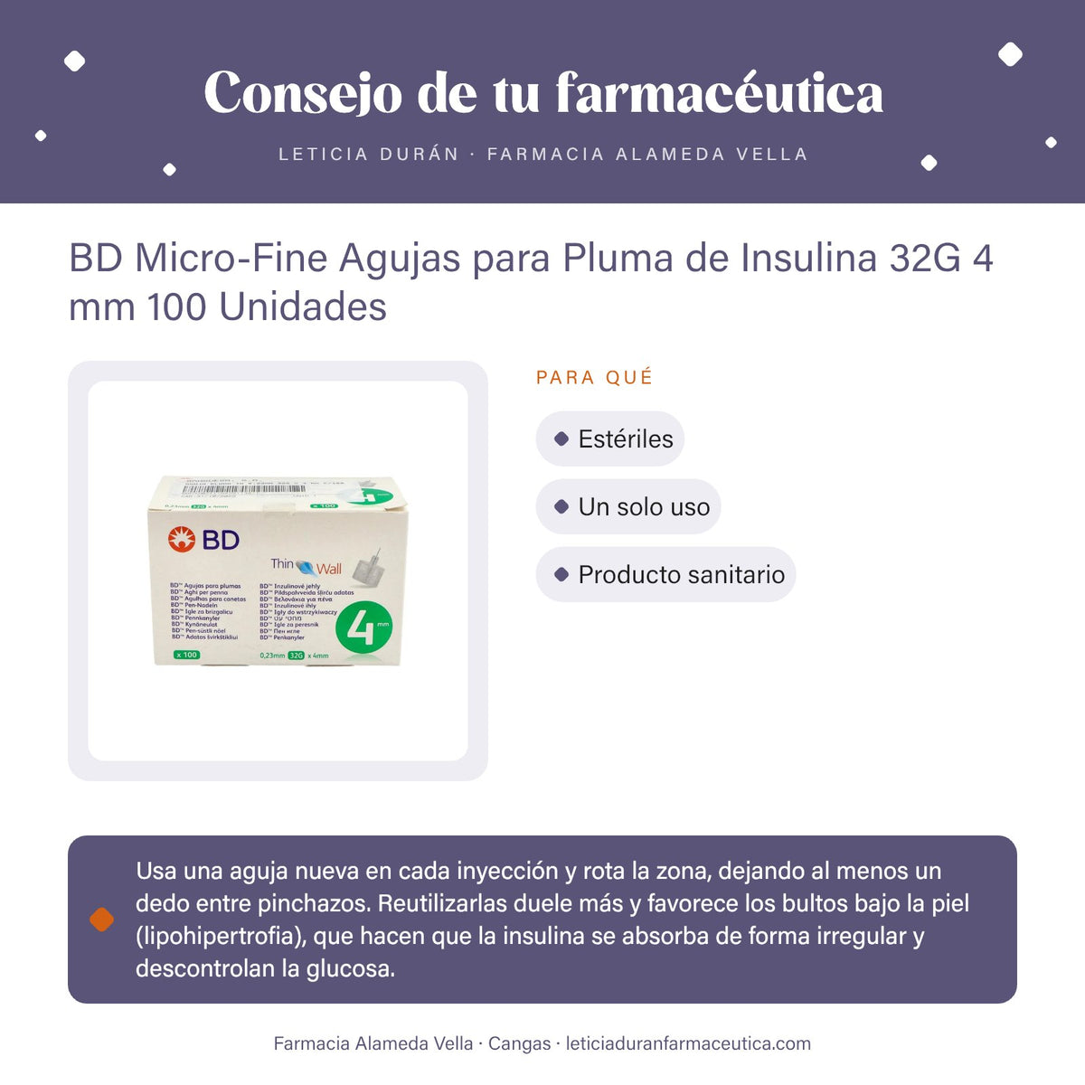 BD Micro-Fine Agujas para Pluma de Insulina 32G 4 mm 100 Unidades – consejo de tu farmacéutica