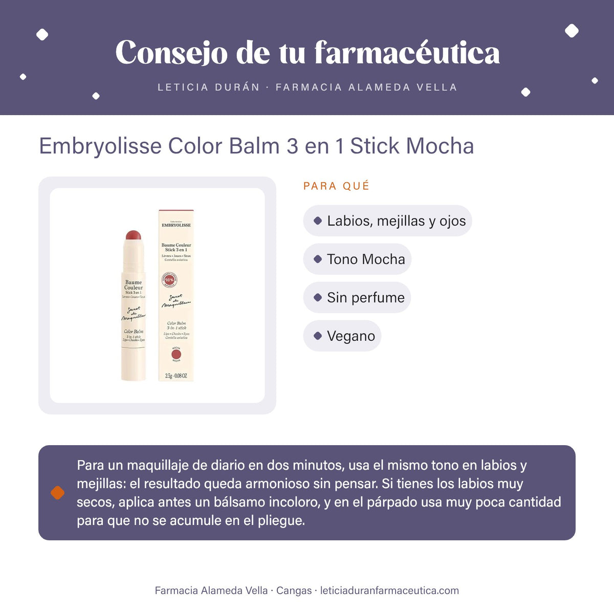 Embryolisse Color Balm 3 en 1 Stick Mocha – consejo de tu farmacéutica