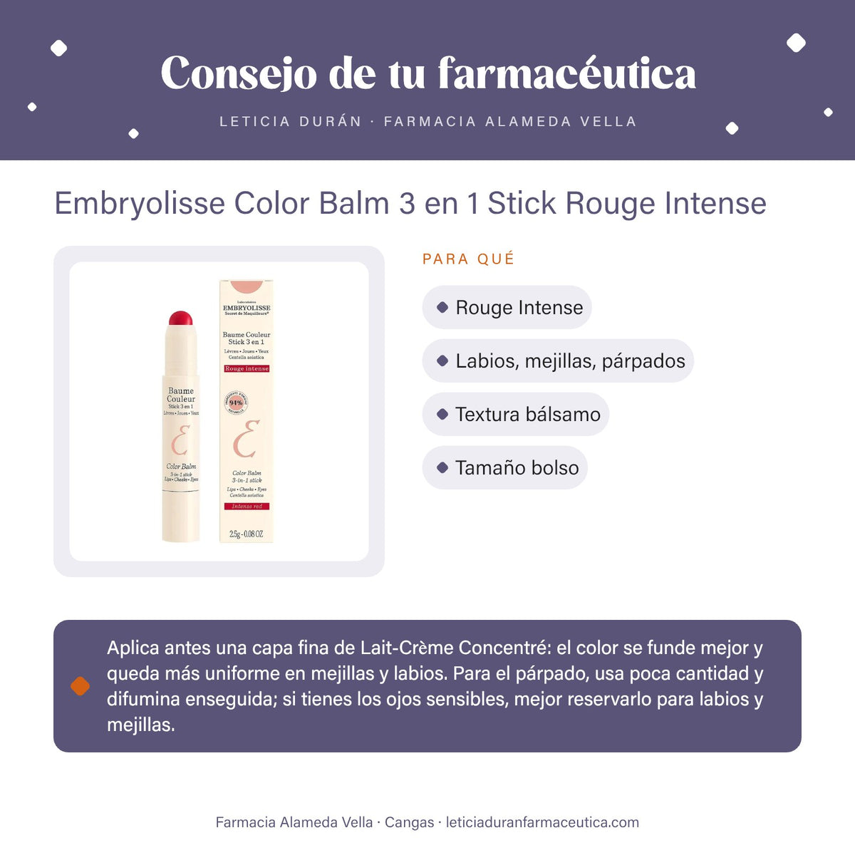 Embryolisse Color Balm 3 en 1 Stick Rouge Intense – consejo de tu farmacéutica