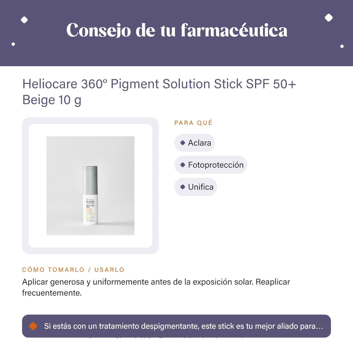 Heliocare 360º Pigment Solution Stick SPF 50+ Beige 10 g – consejo de tu farmacéutica