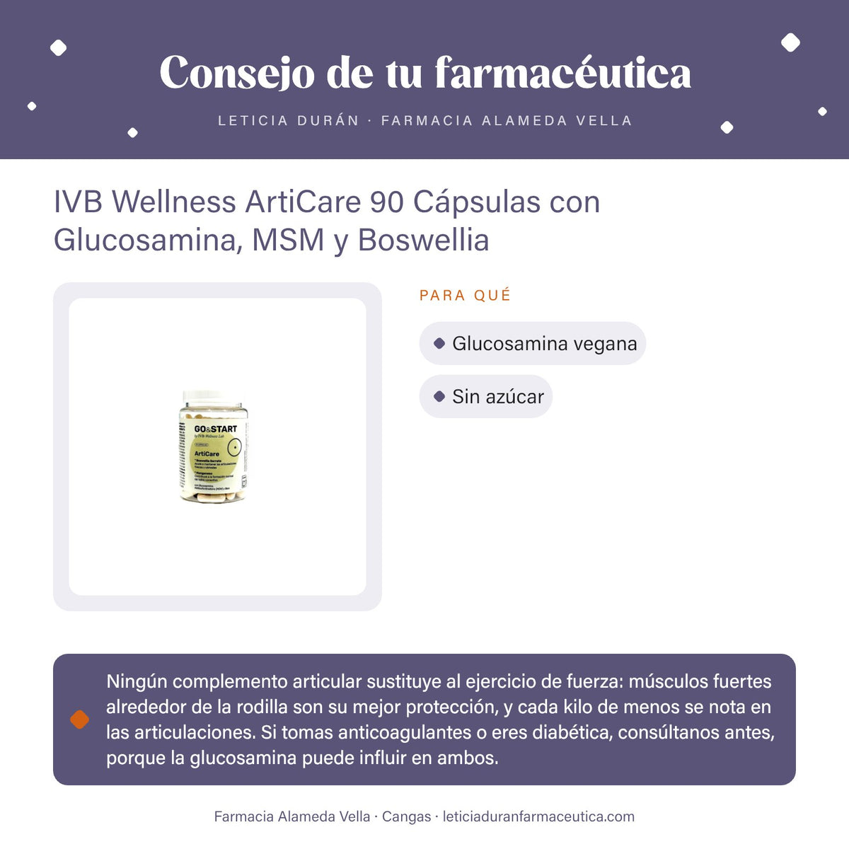 IVB Wellness ArtiCare 90 Cápsulas con Glucosamina, MSM y Boswellia – consejo de tu farmacéutica