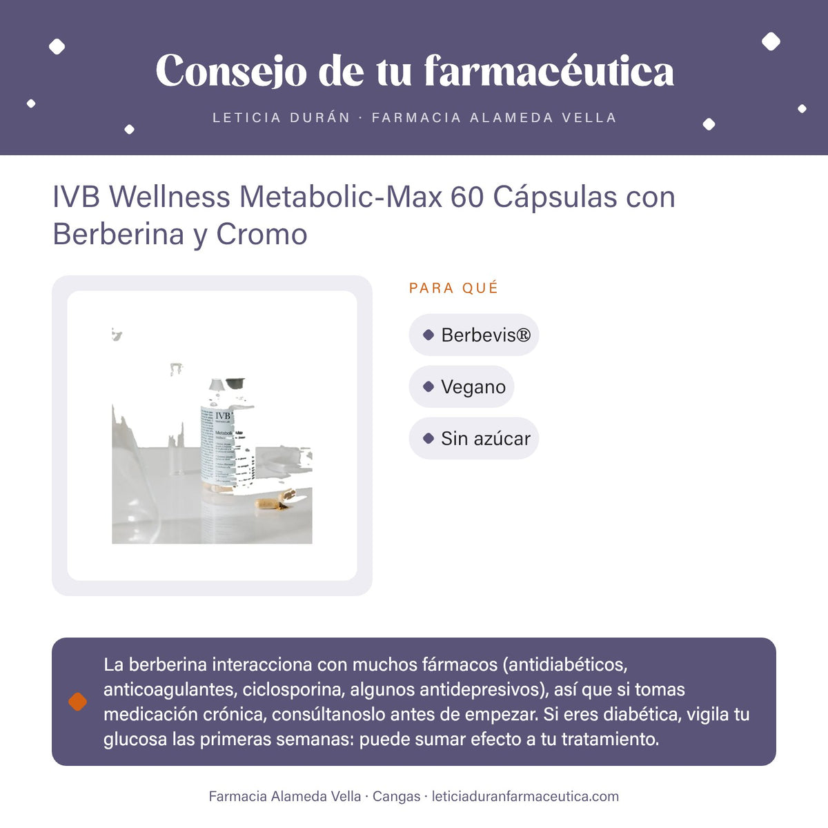 IVB Wellness Metabolic-Max 60 Cápsulas con Berberina y Cromo – consejo de tu farmacéutica