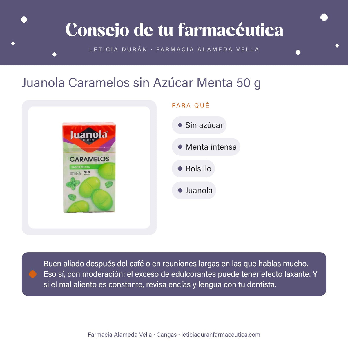 Juanola Caramelos sin Azúcar Menta 50 g – consejo de tu farmacéutica