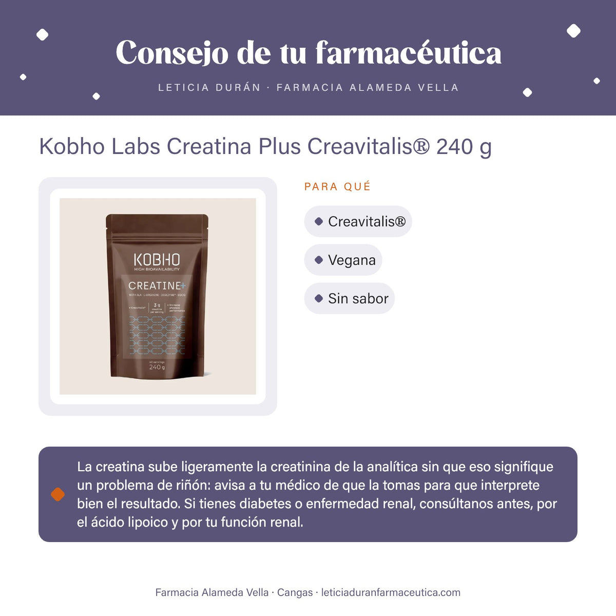 Kobho Labs Creatina Plus Creavitalis® 240 g – consejo de tu farmacéutica