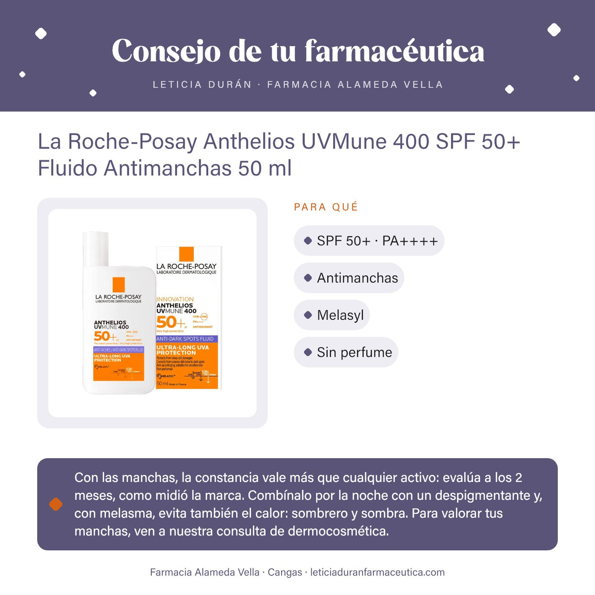 La Roche-Posay Anthelios UVMune 400 SPF 50+ Fluido Antimanchas 50 ml – consejo de tu farmacéutica