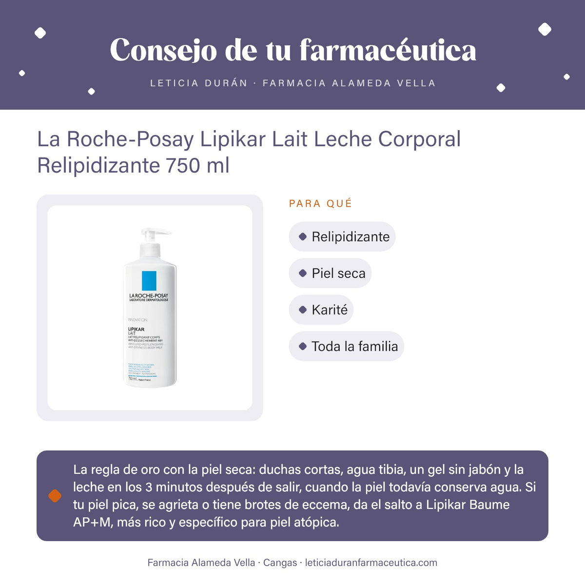 La Roche-Posay Lipikar Lait Leche Corporal Relipidizante 750 ml – consejo de tu farmacéutica