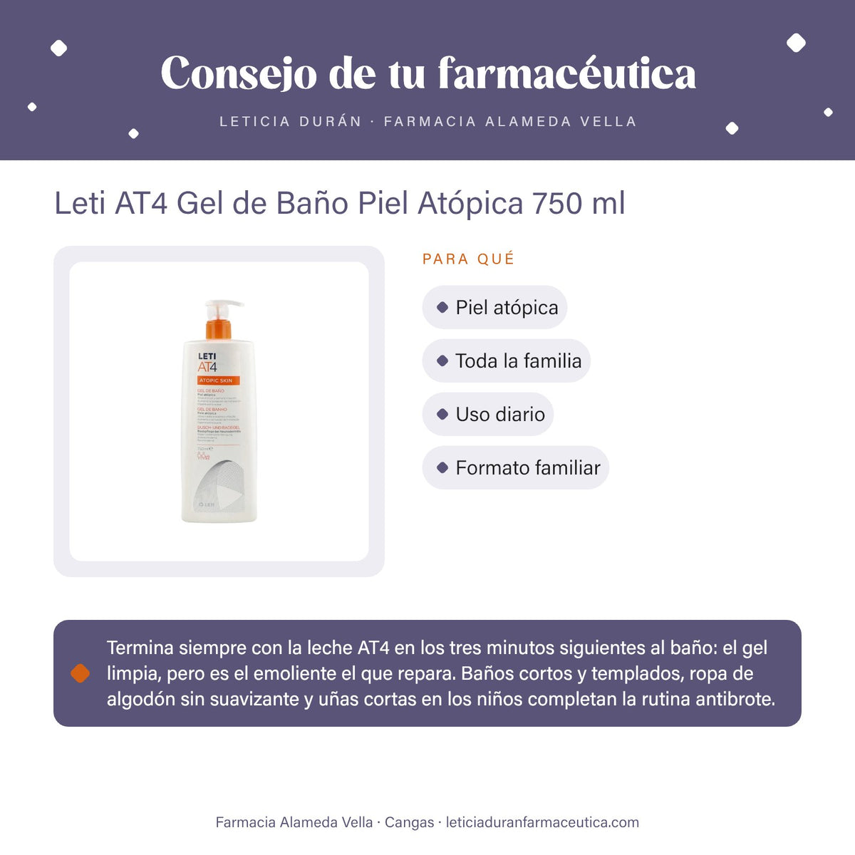 Leti AT4 Gel de Baño Piel Atópica 750 ml – consejo de tu farmacéutica