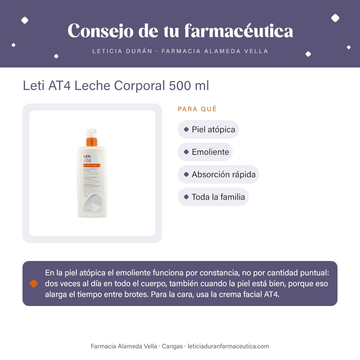 Leti AT4 Leche Corporal 500 ml – consejo de tu farmacéutica
