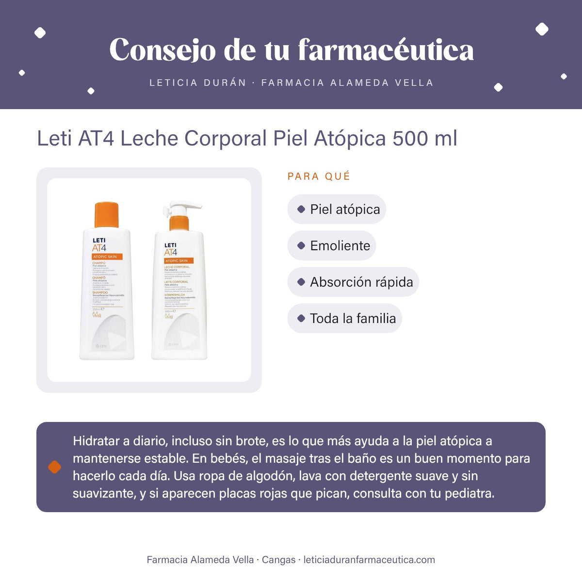 Leti AT4 Leche Corporal Piel Atópica 500 ml – consejo de tu farmacéutica