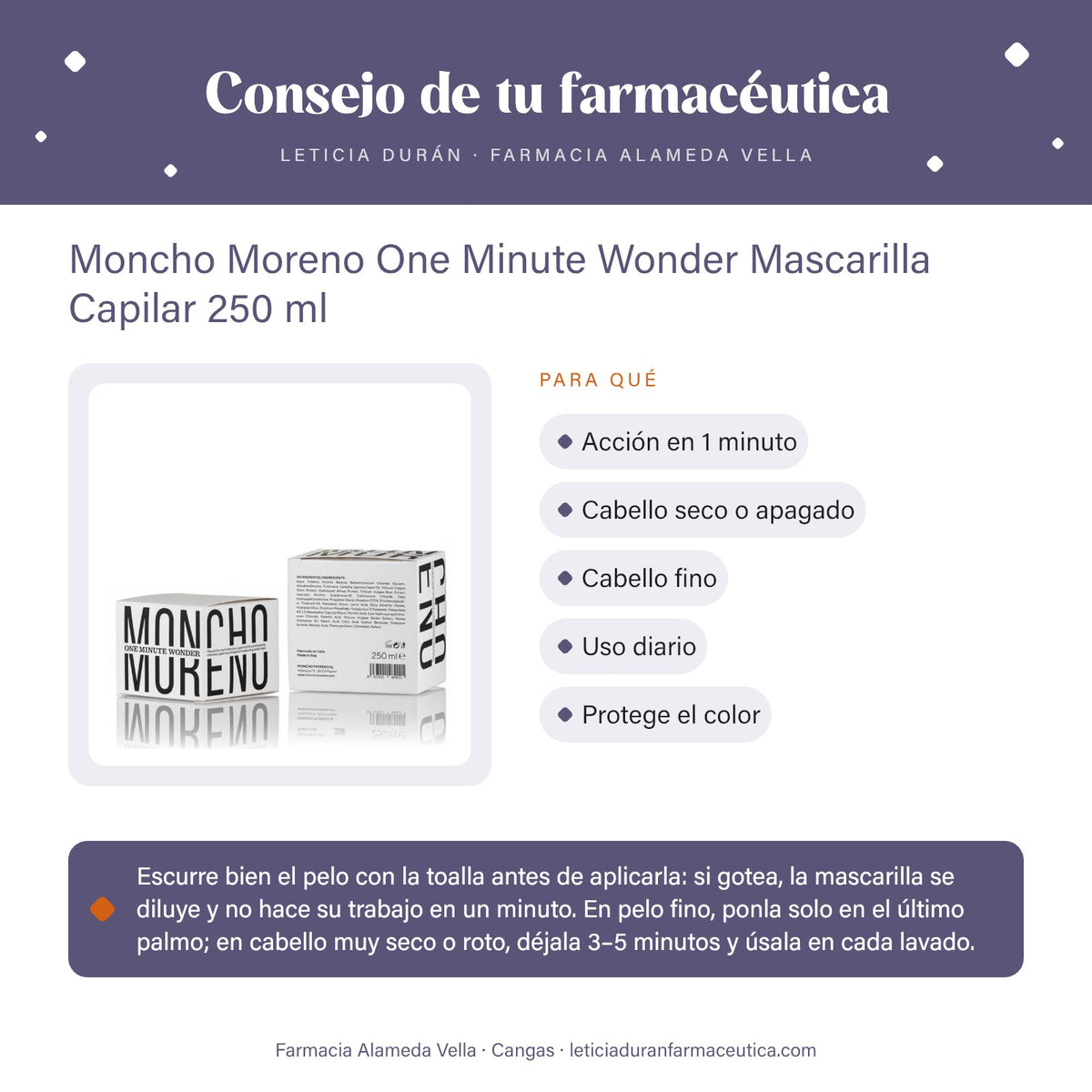 Moncho Moreno One Minute Wonder Mascarilla Capilar 250 ml – consejo de tu farmacéutica