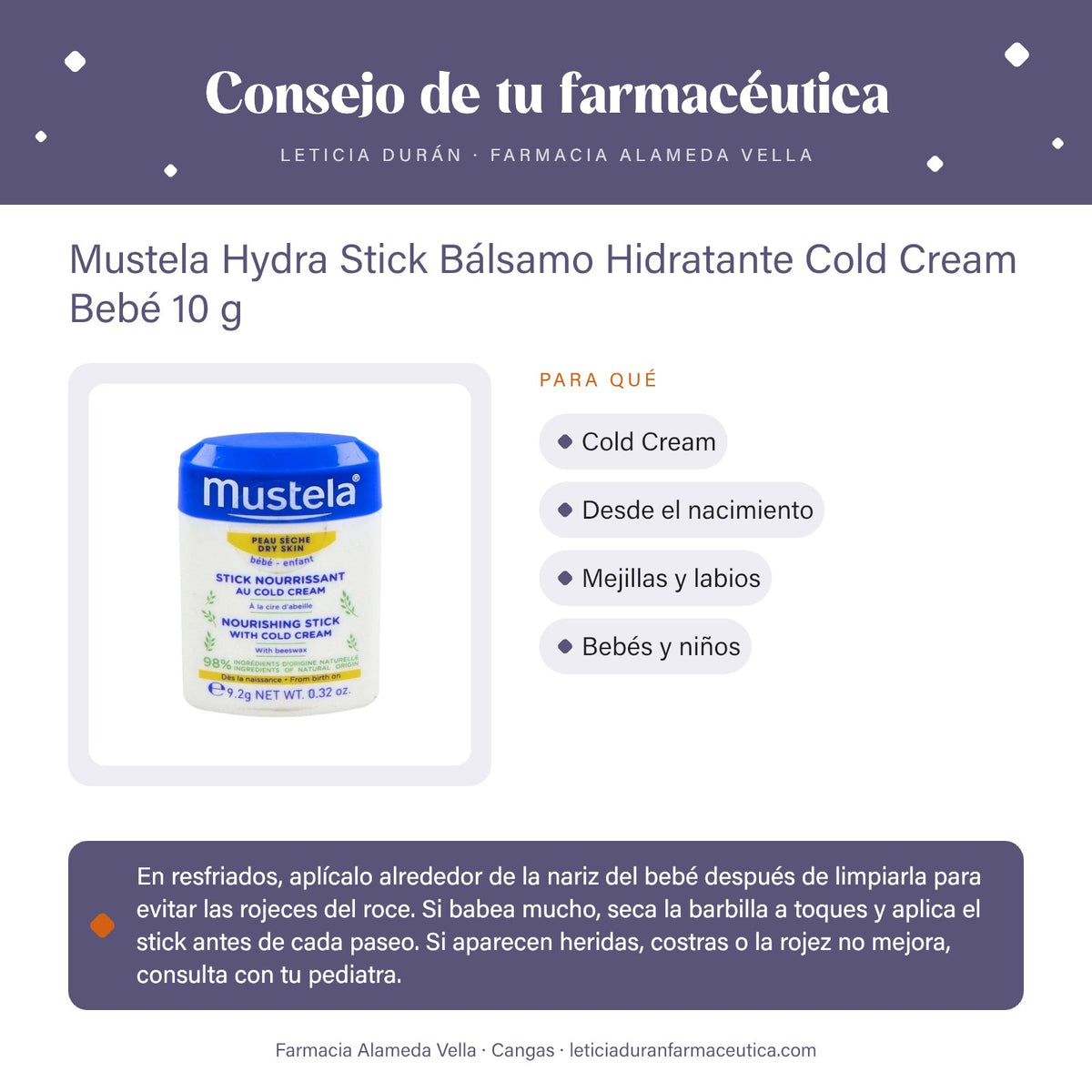 Mustela Hydra Stick Bálsamo Hidratante Cold Cream Bebé 10 g – consejo de tu farmacéutica