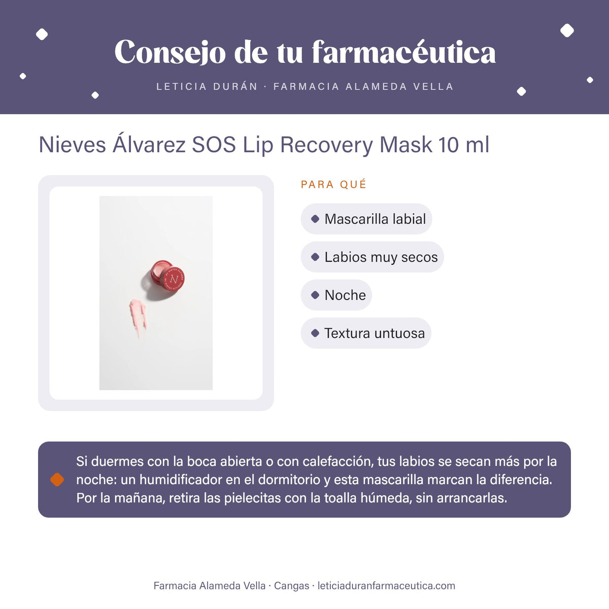 Nieves Álvarez SOS Lip Recovery Mask 10 ml – consejo de tu farmacéutica