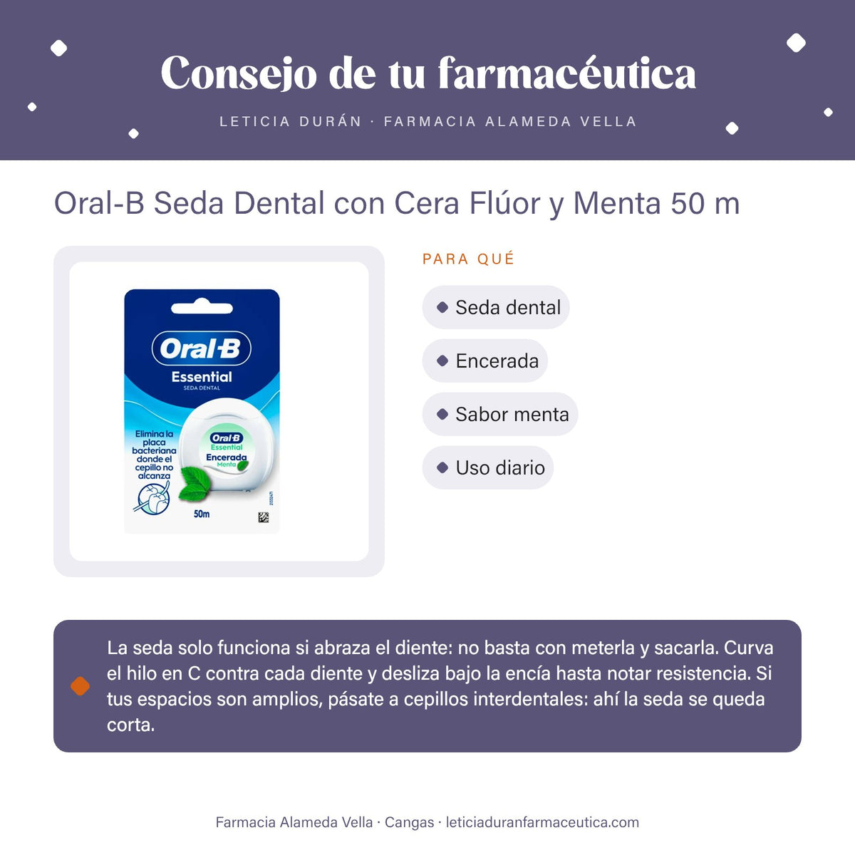 Oral-B Seda Dental con Cera Flúor y Menta 50 m – consejo de tu farmacéutica