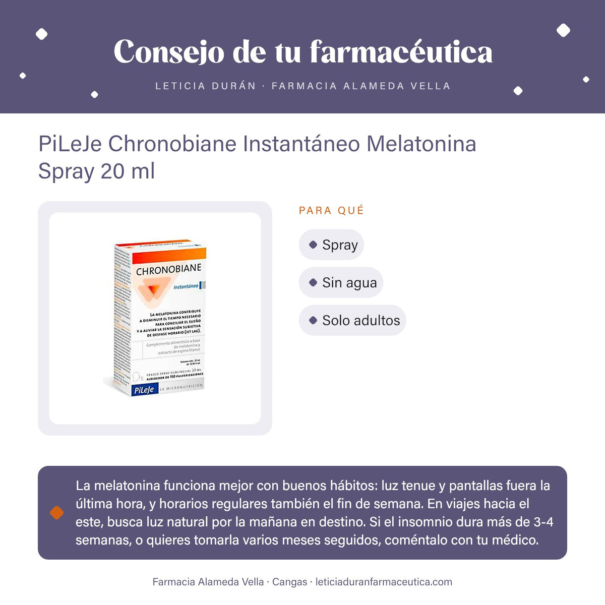 PiLeJe Chronobiane Instantáneo Melatonina Spray 20 ml – consejo de tu farmacéutica