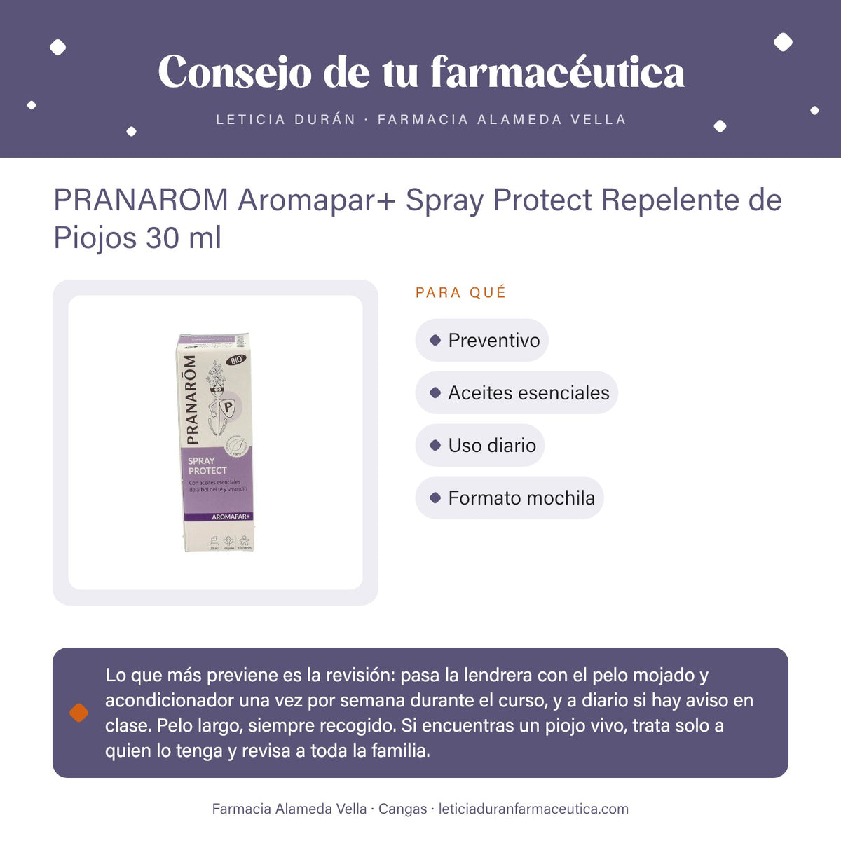 PRANAROM Aromapar+ Spray Protect Repelente de Piojos 30 ml – consejo de tu farmacéutica