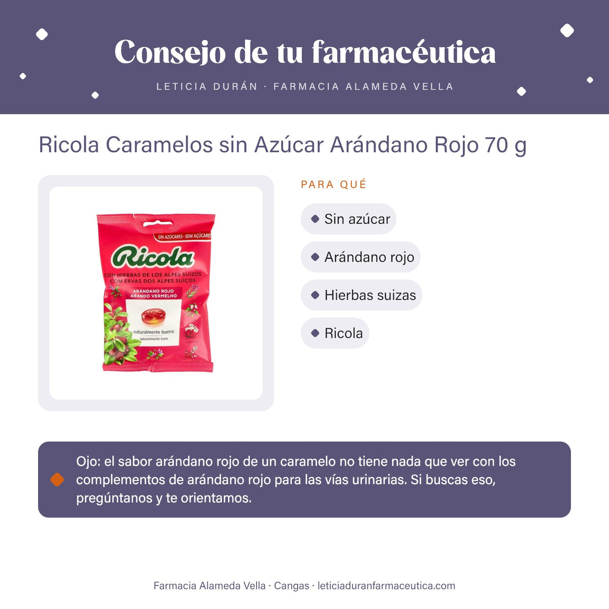 Ricola Caramelos sin Azúcar Arándano Rojo 70 g – consejo de tu farmacéutica