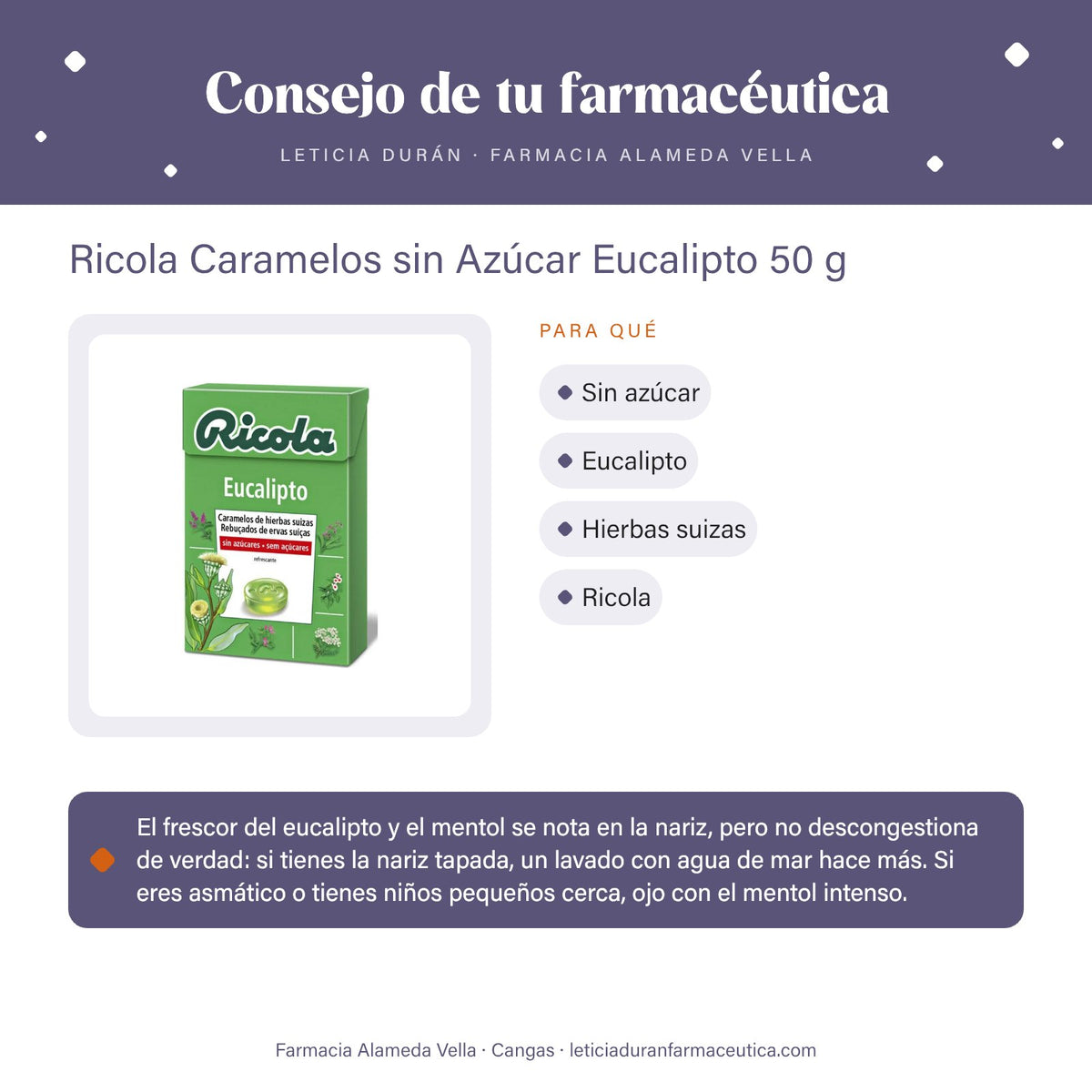 Ricola Caramelos sin Azúcar Eucalipto 50 g – consejo de tu farmacéutica