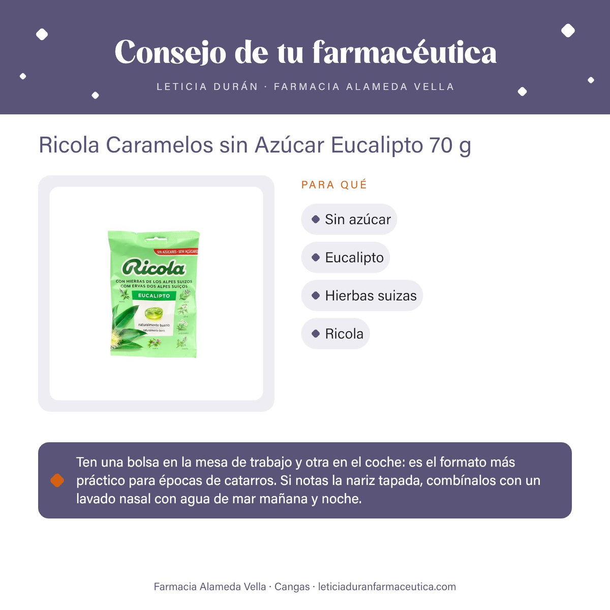 Ricola Caramelos sin Azúcar Eucalipto 70 g – consejo de tu farmacéutica