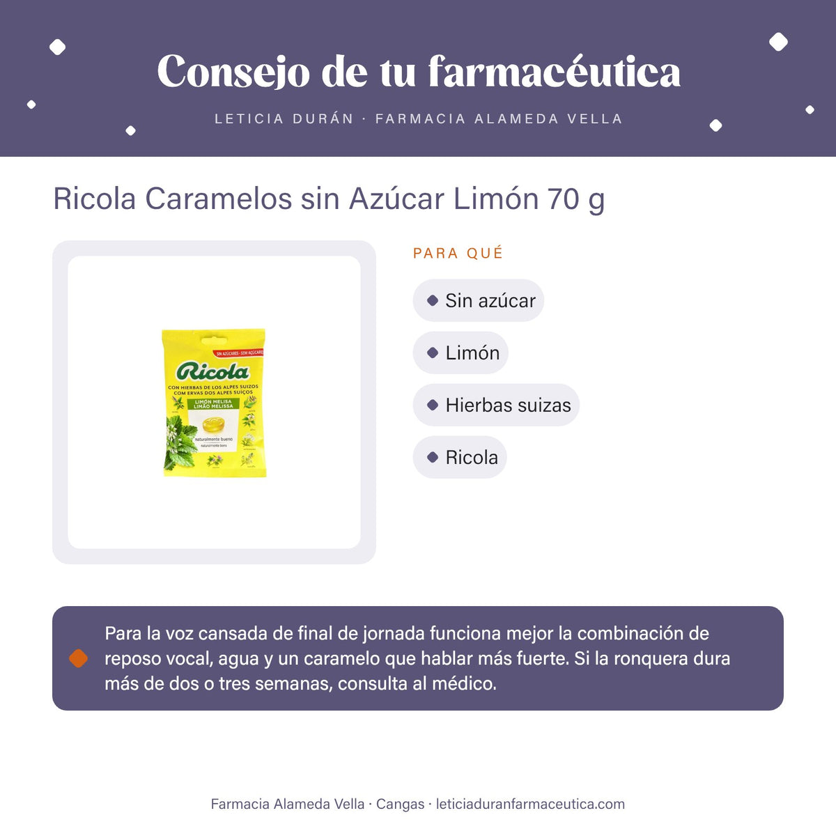 Ricola Caramelos sin Azúcar Limón 70 g – consejo de tu farmacéutica