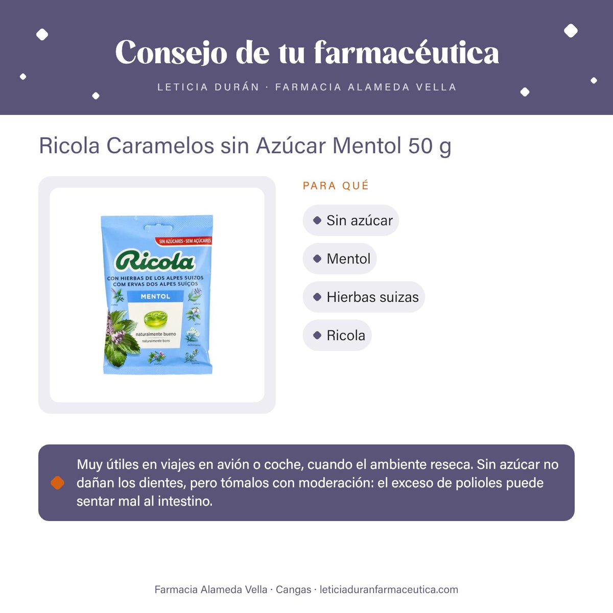 Ricola Caramelos sin Azúcar Mentol 50 g – consejo de tu farmacéutica
