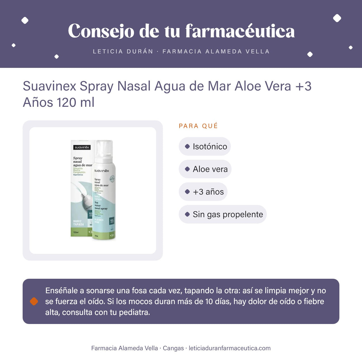 Suavinex Spray Nasal Agua de Mar Aloe Vera +3 Años 120 ml – consejo de tu farmacéutica
