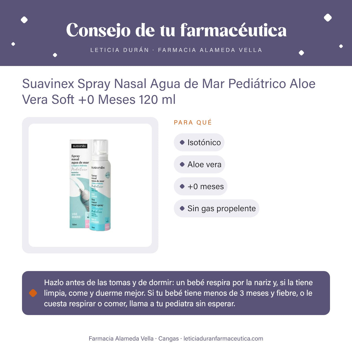 Suavinex Spray Nasal Agua de Mar Pediátrico Aloe Vera Soft +0 Meses 120 ml – consejo de tu farmacéutica
