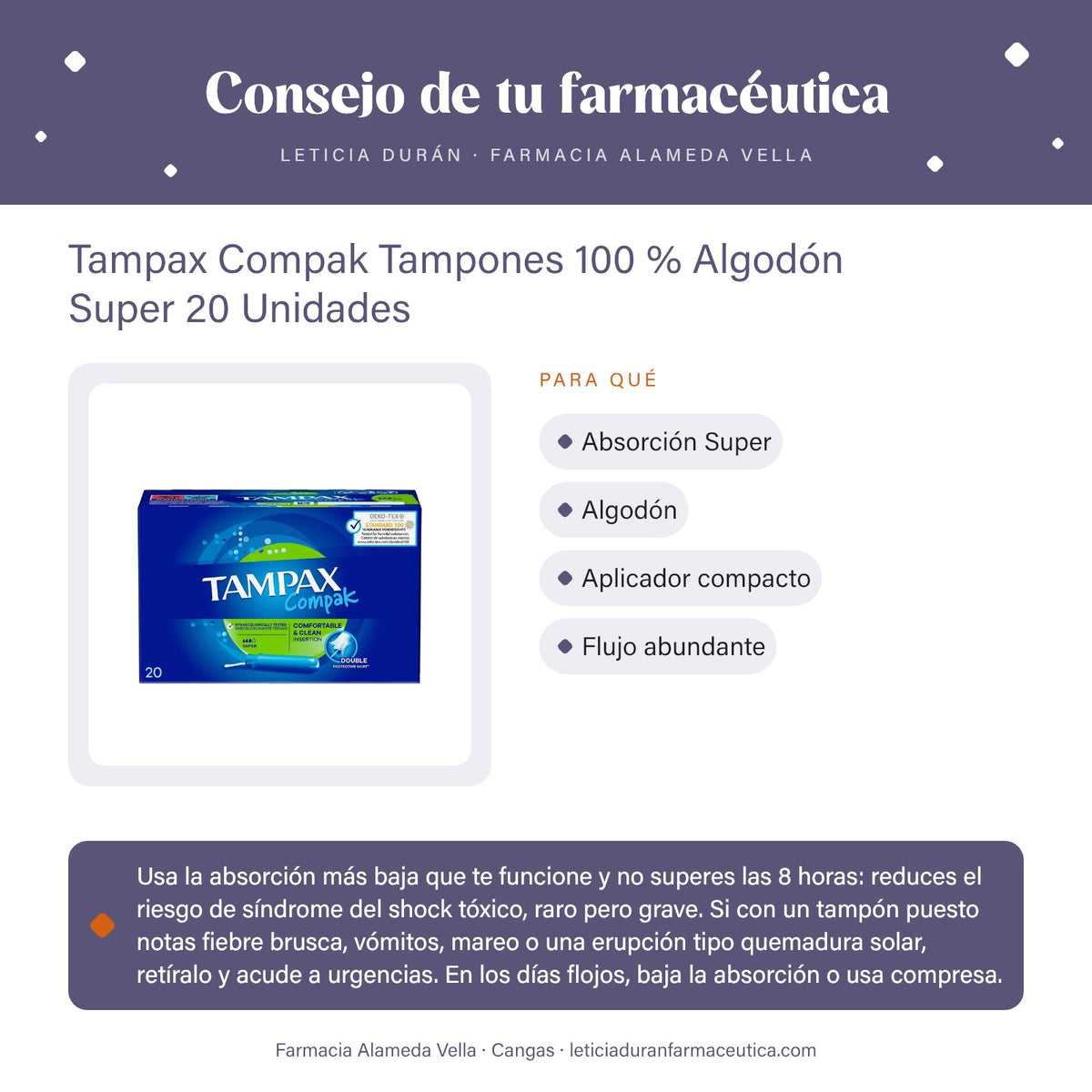 Tampax Compak Tampones 100 % Algodón Super 20 Unidades – consejo de tu farmacéutica