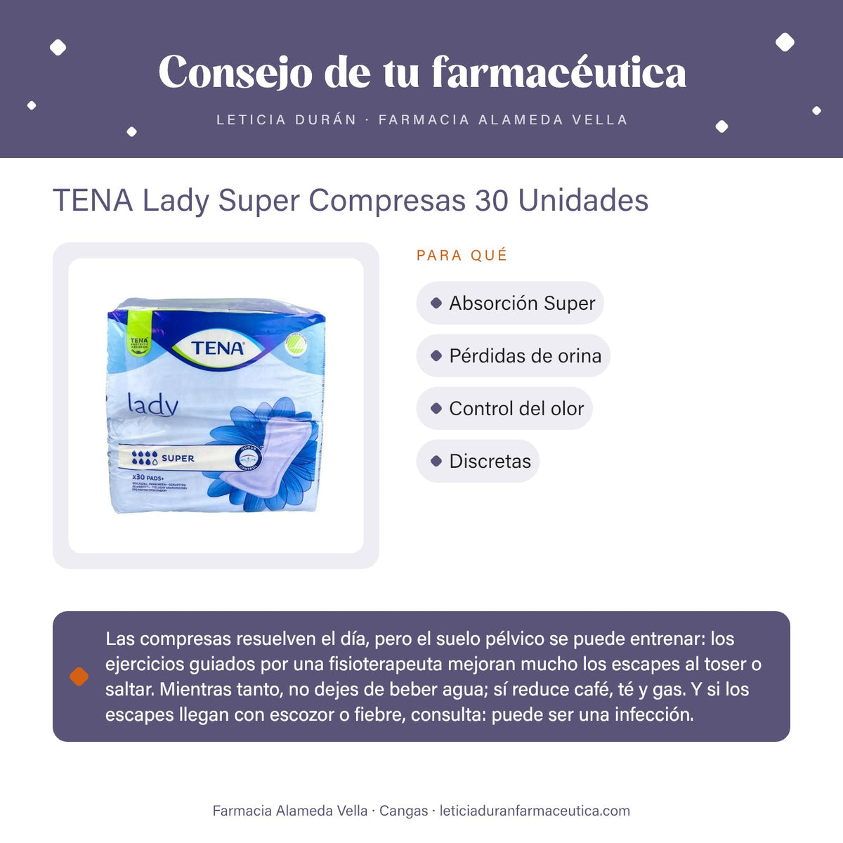 TENA Lady Super Compresas 30 Unidades – consejo de tu farmacéutica
