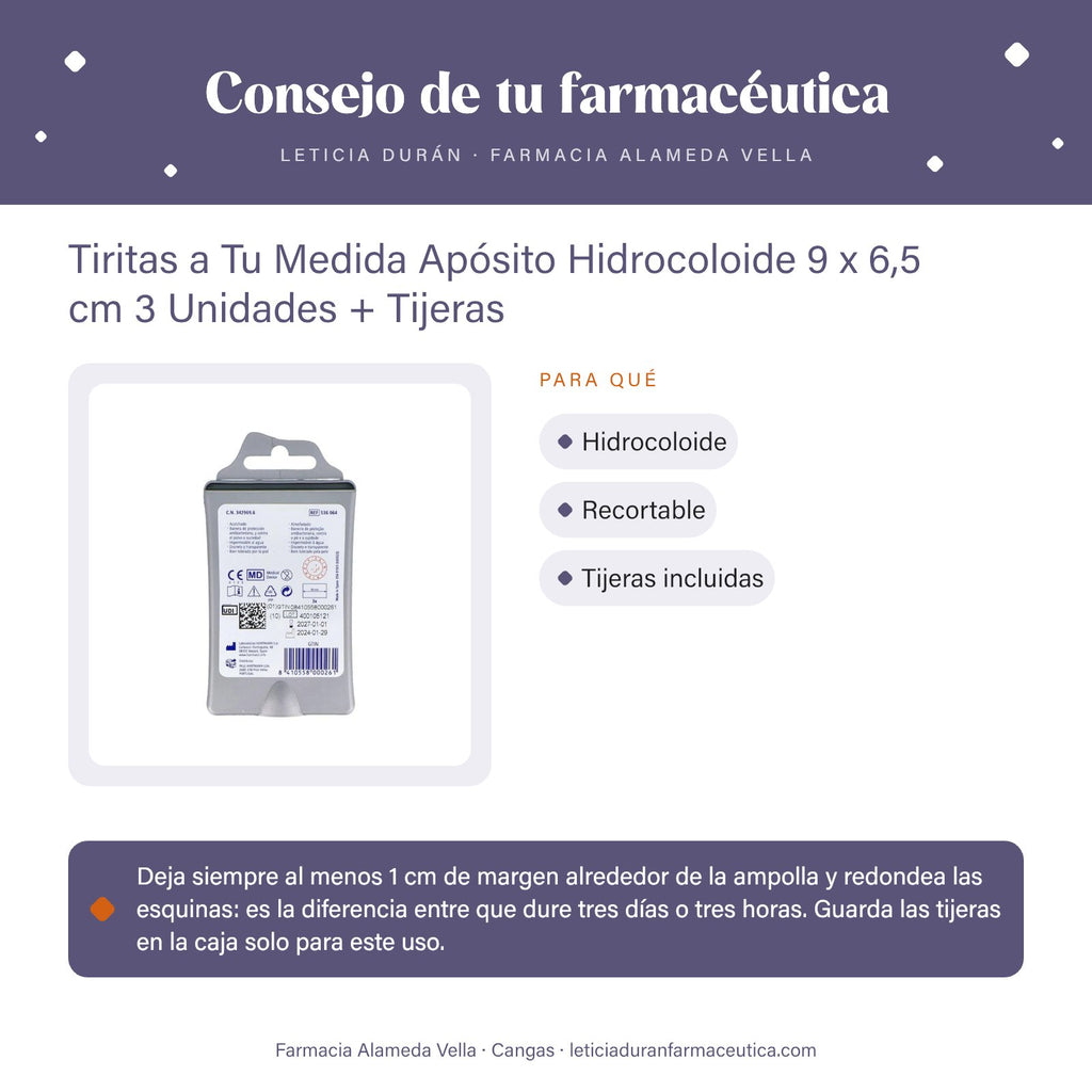 Tiritas a Tu Medida Apósito Hidrocoloide 9 x 6,5 cm 3 Unidades + Tijeras – consejo de tu farmacéutica