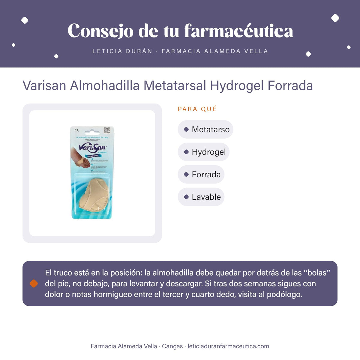 Varisan Almohadilla Metatarsal Hydrogel Forrada – consejo de tu farmacéutica